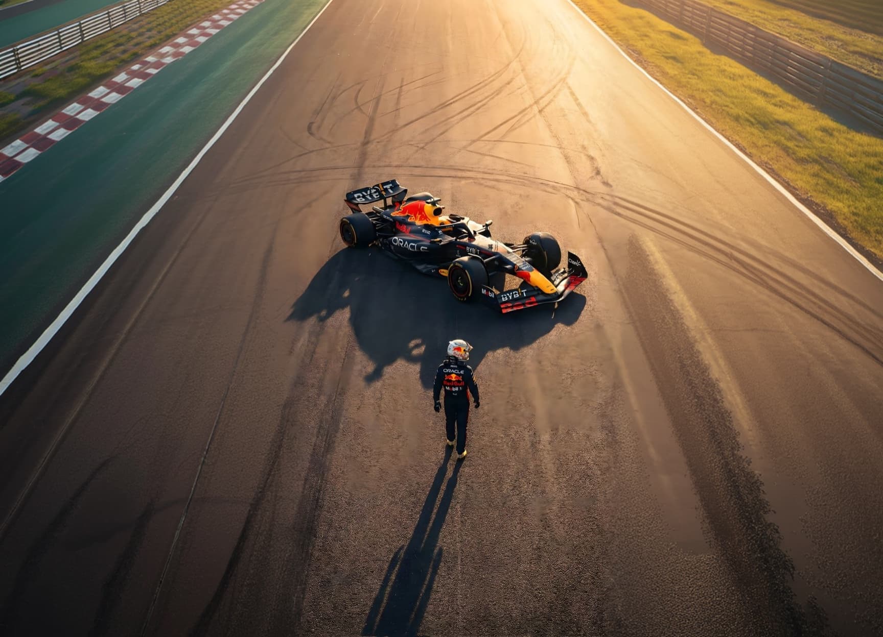 An F1 car and driver on the Dubai Autodrome circuit, seen from above