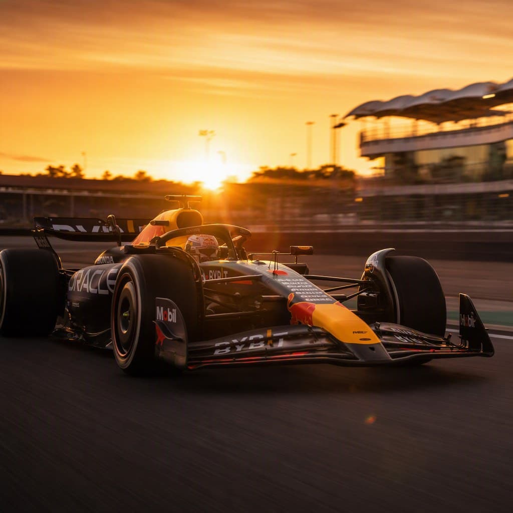 A Formula 1 car at sunset