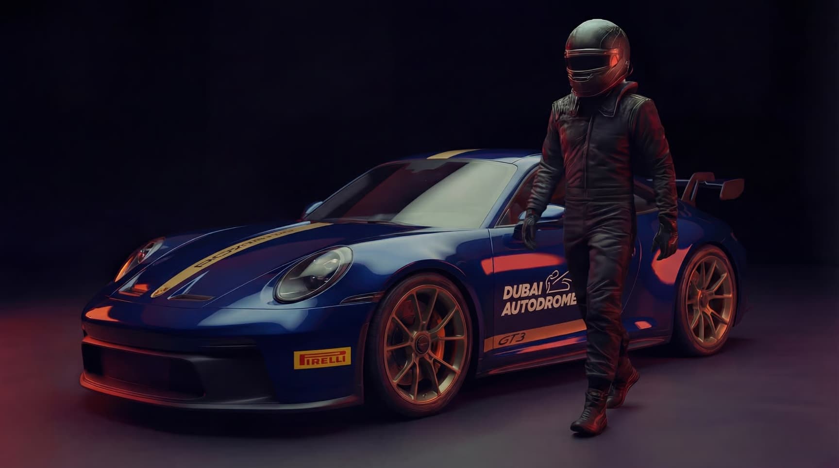 A Porsche 911 GT3 in Dubai Autodrome livery beside a driver in a dark studio